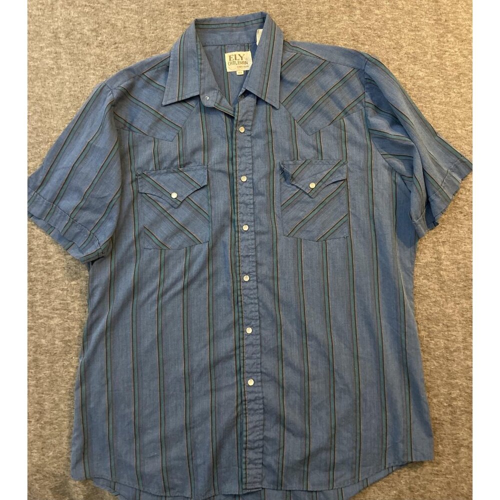 Ely Cattleman Shirt Mens X-Large Blue Striped Short Sleeve Western Pearl Snaps - Picture 1 of 6